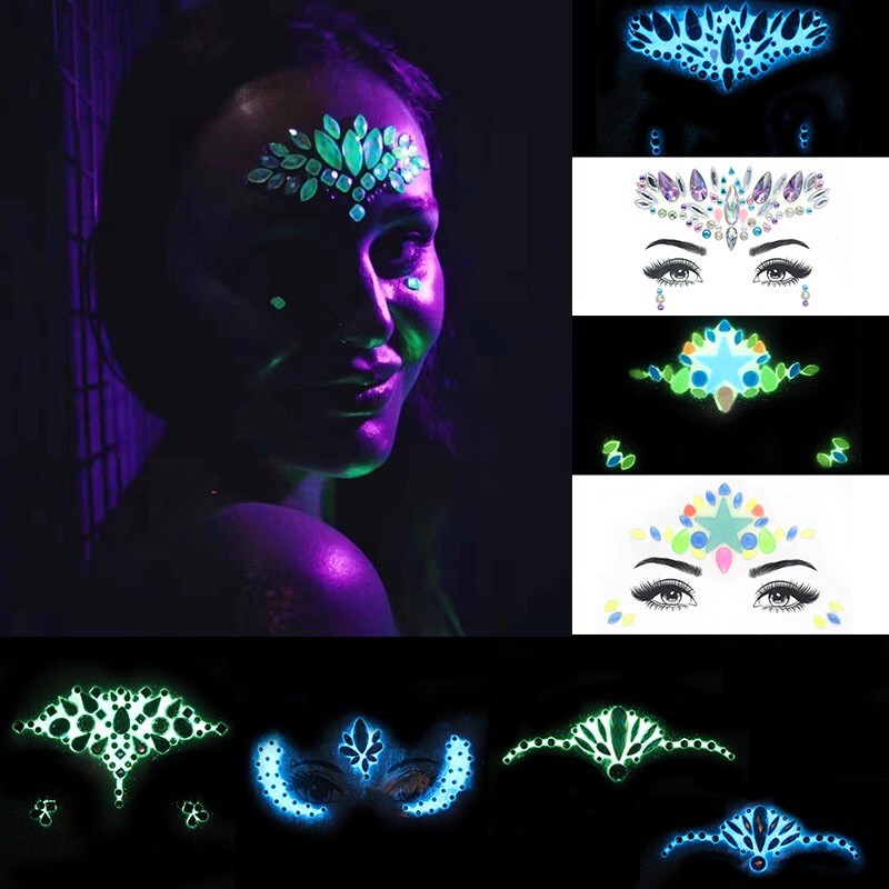 adesivo facial corporal pérola strass lumioso temporária adesivos strass glitter rosto jóias tave festa maquiagem tatoo adesivos brilha no escuro flash no rosto escuro cristal