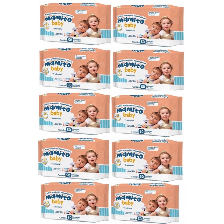 Kit com 10 - Lenços Umedecidos Mamito Baby Toalhas Umedecidas 50 Unidades Cada (total: 500 Unidades)