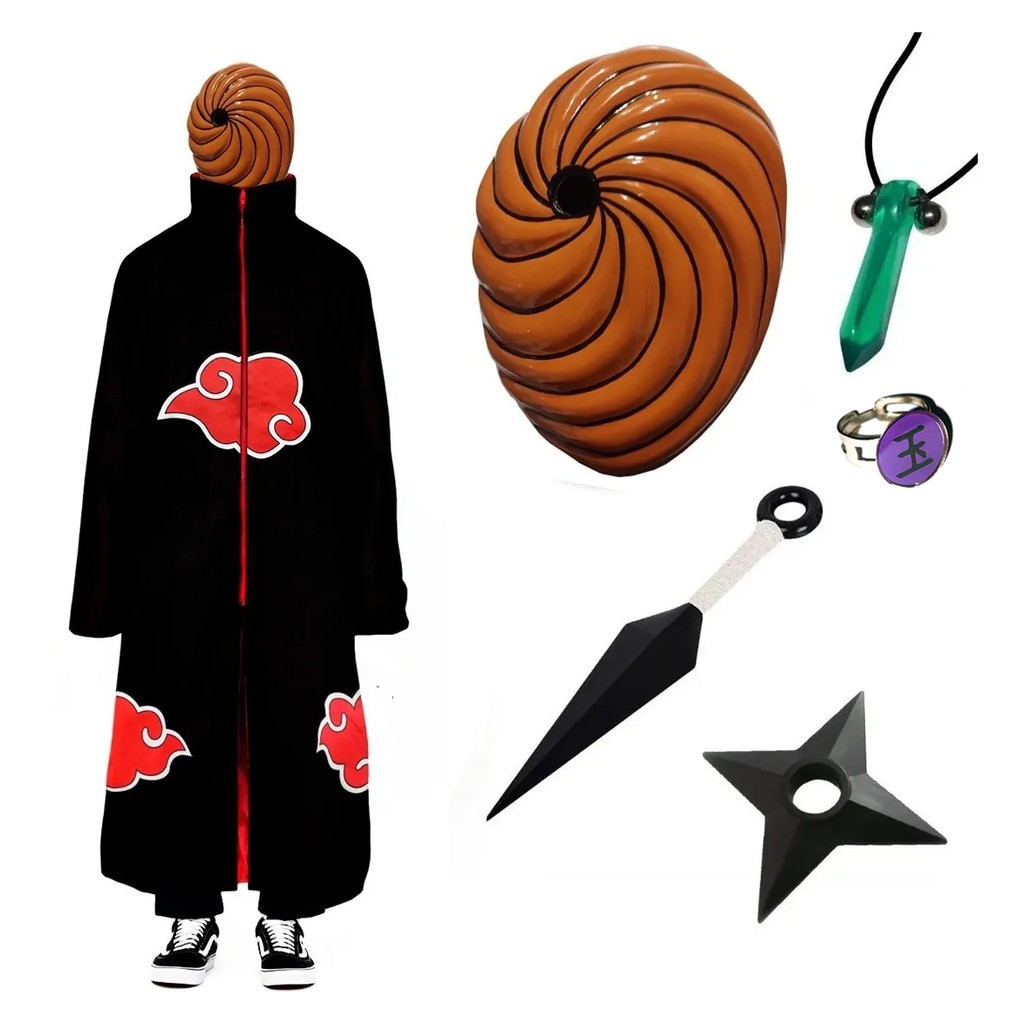 Kit Manto Akatsuki Máscara Tobi Kunai Shuriken Colar Anel T06 capa Akatsuki