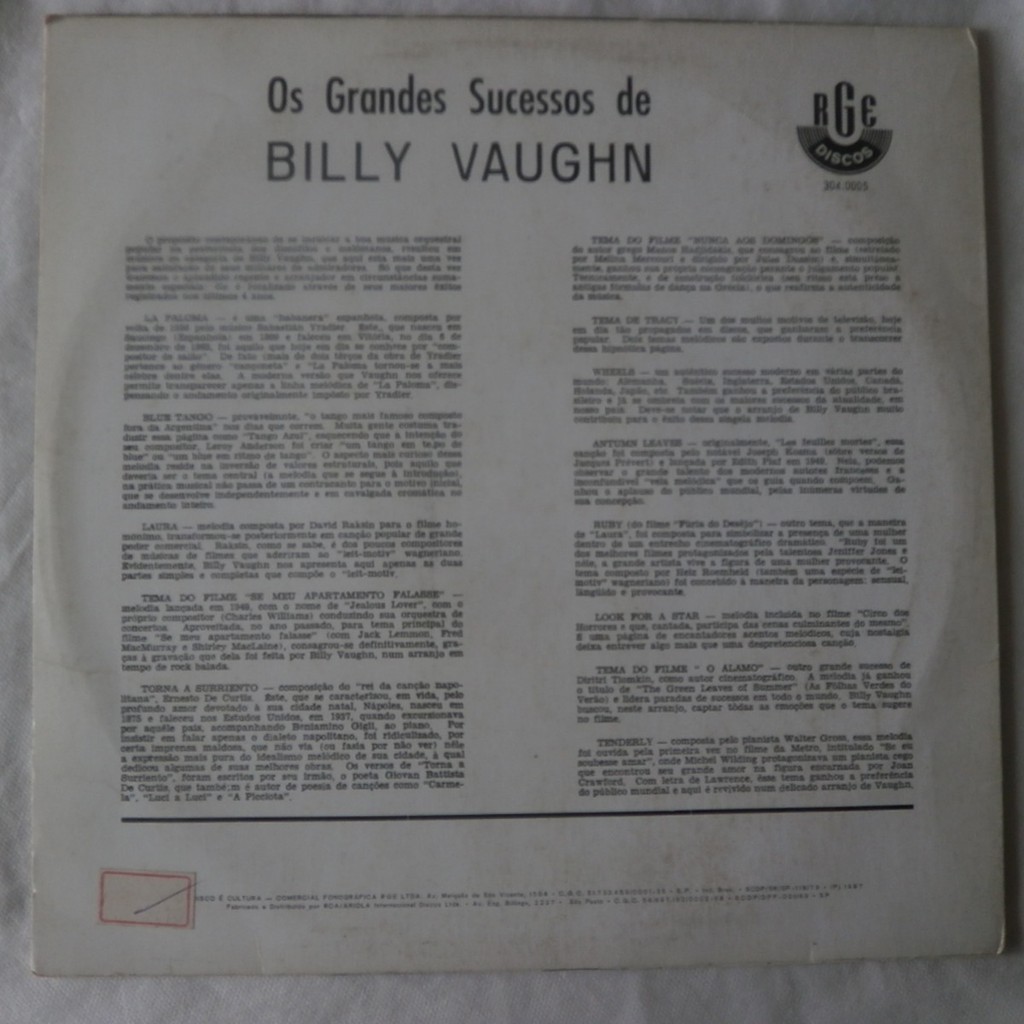 Lp Billy Vaughn Os Grandes Sucessos De 1961, Selo Abc Dot
