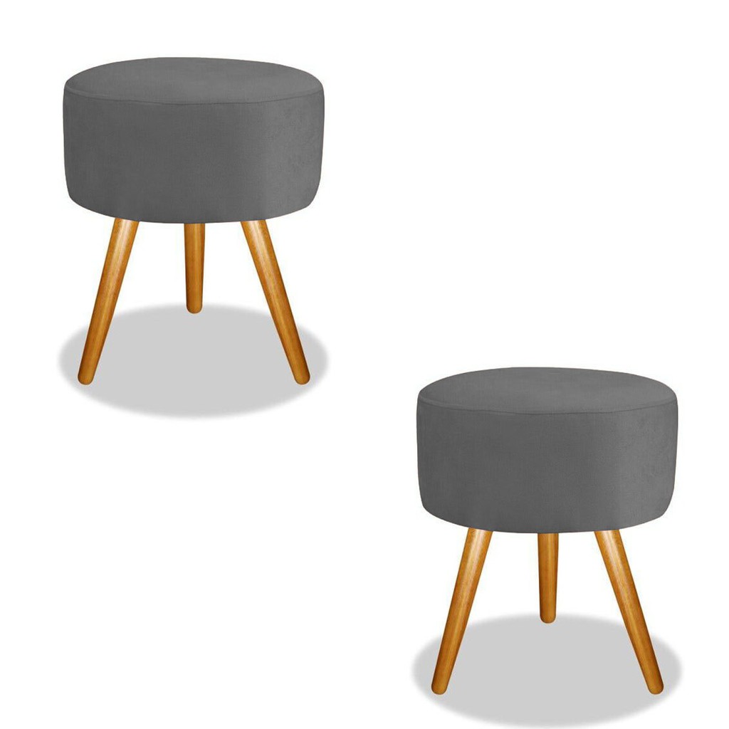 2 Puff Puf  Banqueta Para Maquiagem Madri Suede Cinza Top Para Decoração De Sala E Quarto