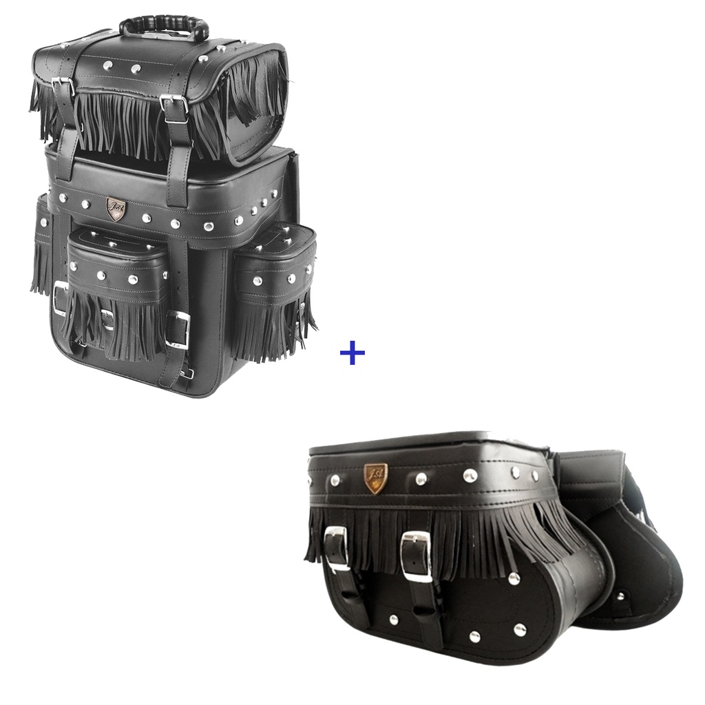 Kit Viagem Alforge Traseiro 32 Litros em Couro Sintético C/ Cravos e Franjas + Alforge Lateral Botinha 18 Litros Couro Sintético C/ Cravos e Franjas