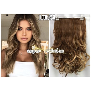 Cabelo aplique tic tac cor 10H24 Ondulado castanho medio claro com mechas luzes loiro perola 60cm sem brilho fosco 140gramas