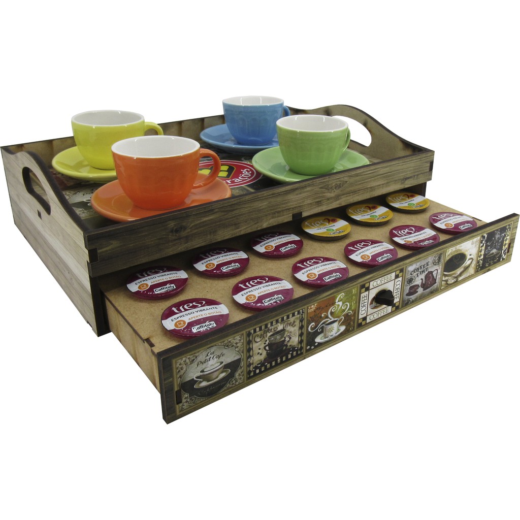 Bandeja Porta Cápsulas Café Três Corações com 1 Gaveta Cômoda MDF Decoração Coffee Bar