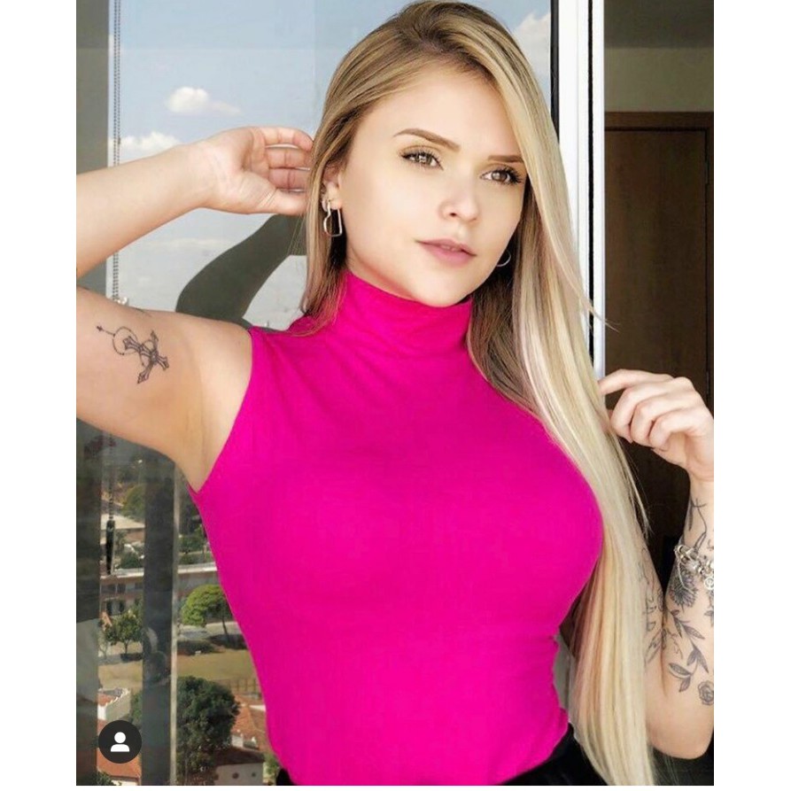 Blusa feminina gola alta cavada malha canelada com elastano moda blogueira
