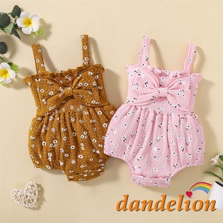 Dandelion-0-24months Baby Girls Summer Ribbed Bodysuit, Sleeveless Flower & Dot Print Romper with Bow