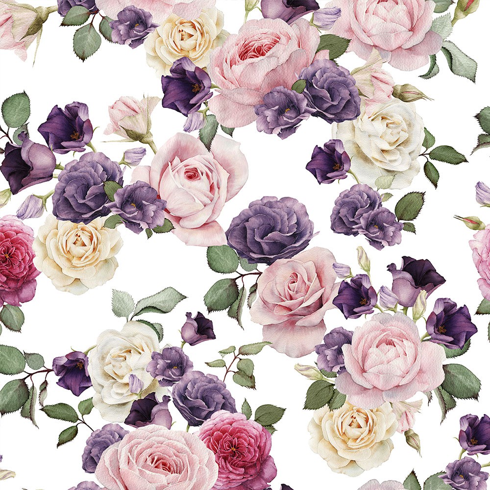 Papel de parede floral com fundo branco e flores em tons de rosa e roxo Para Sala e Quarto em Oferta na Shopee
