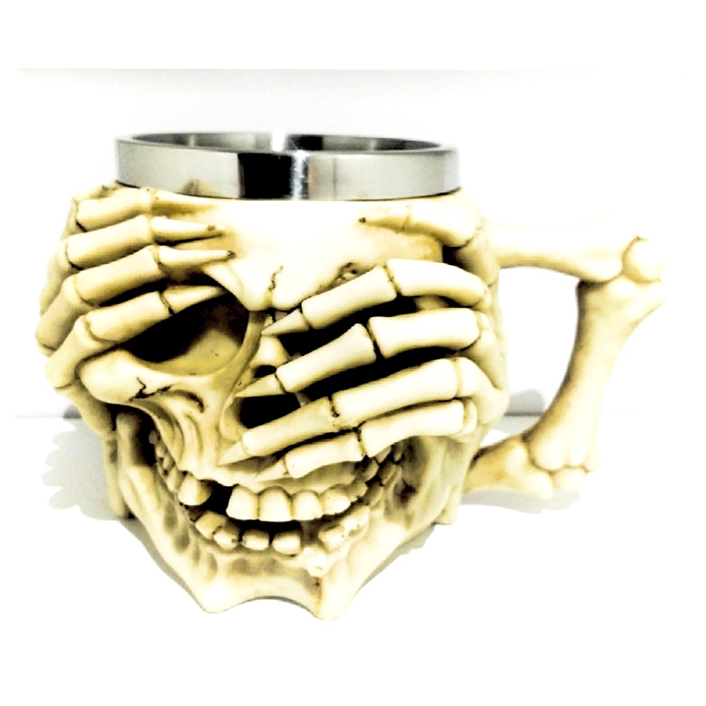 Caneca  Caveira Sabedoria  Muda Cega Surda Resina Copo Metal Rock Presente Bar Choop Festa Cerveja Pub