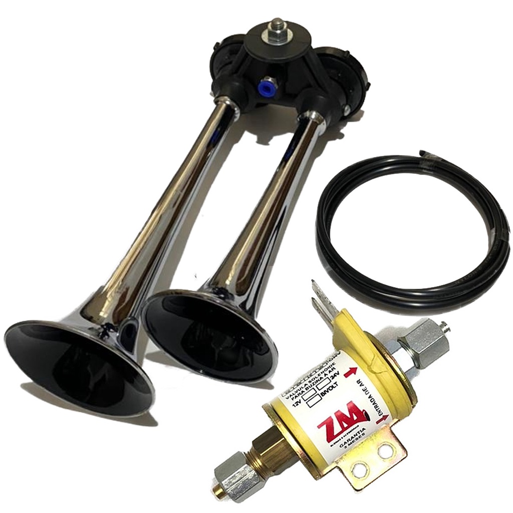 Buzina A Ar 2 Cornetas Cromada Com Válvula Solenoide 24v.para Caminhão,onibus E Veiculos Com Compressor E/ou Reservatorio De Ar.