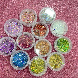 kit 12 Glitter Encapsulado Flocado de sereia Para Unhas 12 Cores Hexagonal /FITINHA HM-0387
