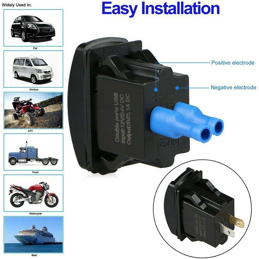 Details about  / DC 12V-24V Dual BLUE LED USB Car Charger Socket ARB Carling Rocker Adapter 3.1A