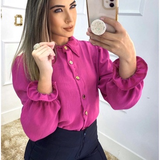 Camisa Feminina Social Com Botão Manga Estico Tendência Super Moda！！003