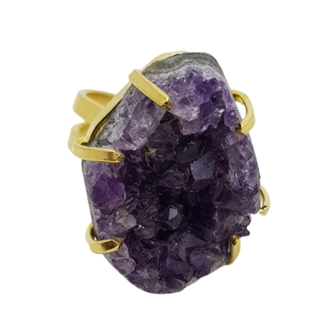 Anel Pedra Natural Drusa De Ametista Ajustável Banhado A Ouro18K em Oferta na Shopee