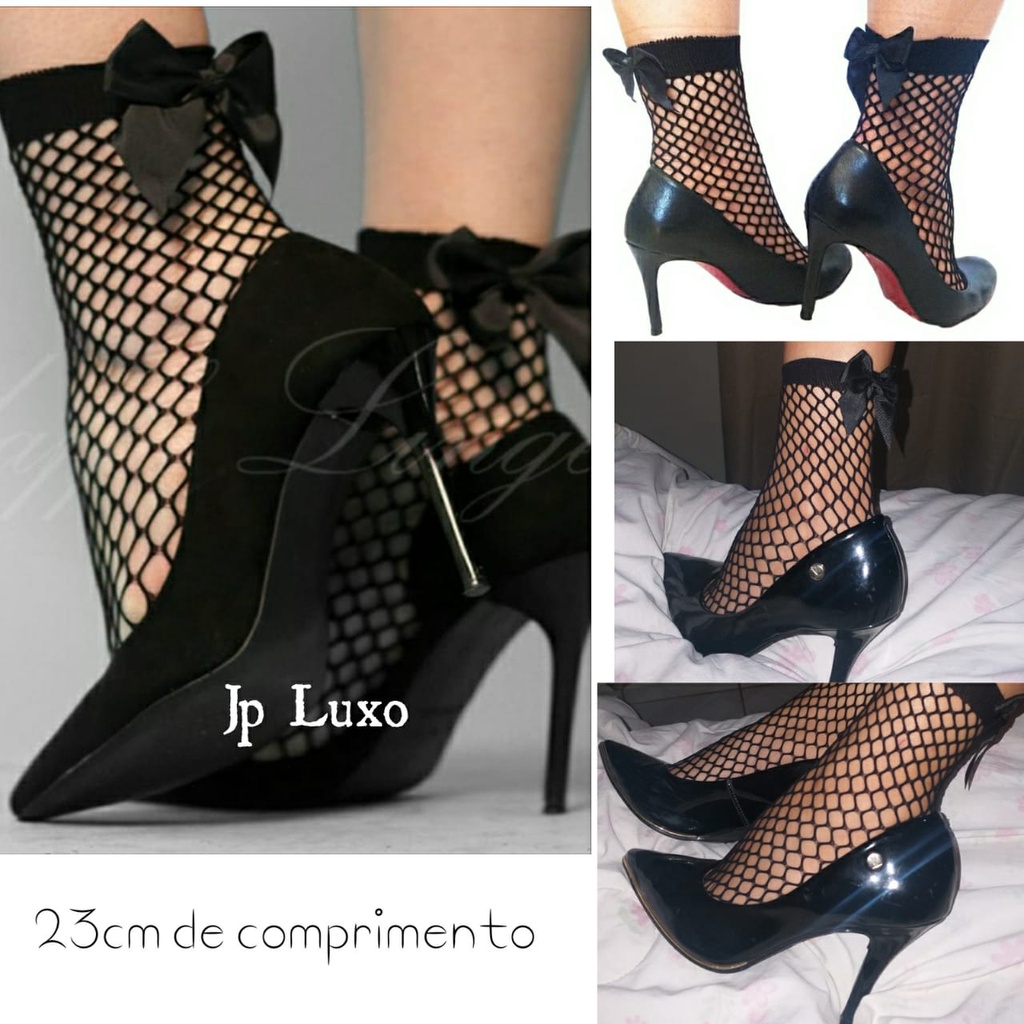Meia Arrastão Com Laço Soquete 3/4 Adulto Beyonce Preta curta fashion rock estilosa