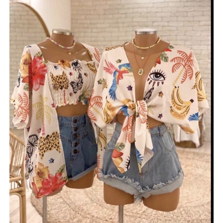 Conjunto 2 peças kimono gringo praia blusa botões kimono + brinde