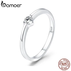 Bamoer Coração Simples Anéis De Casamento Com Pedra Brilhante Para As Mulheres 925 Prata Esterlina SCR450