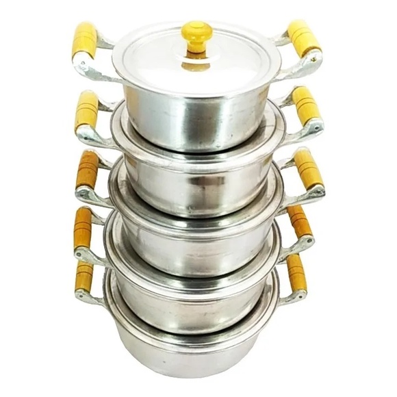 Imagem Jogo de Panela Aluminio Batido Conjubto Grosso 5 Peças Pegador de Madeira
