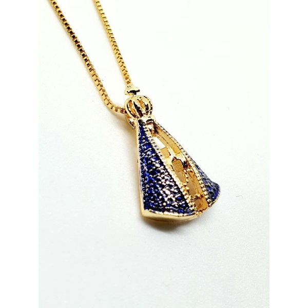 Colar Folheado de Nossa Senhora Aparecida com manto em azul, Corrente Folheada, Colar Feminino, Artigo Religioso