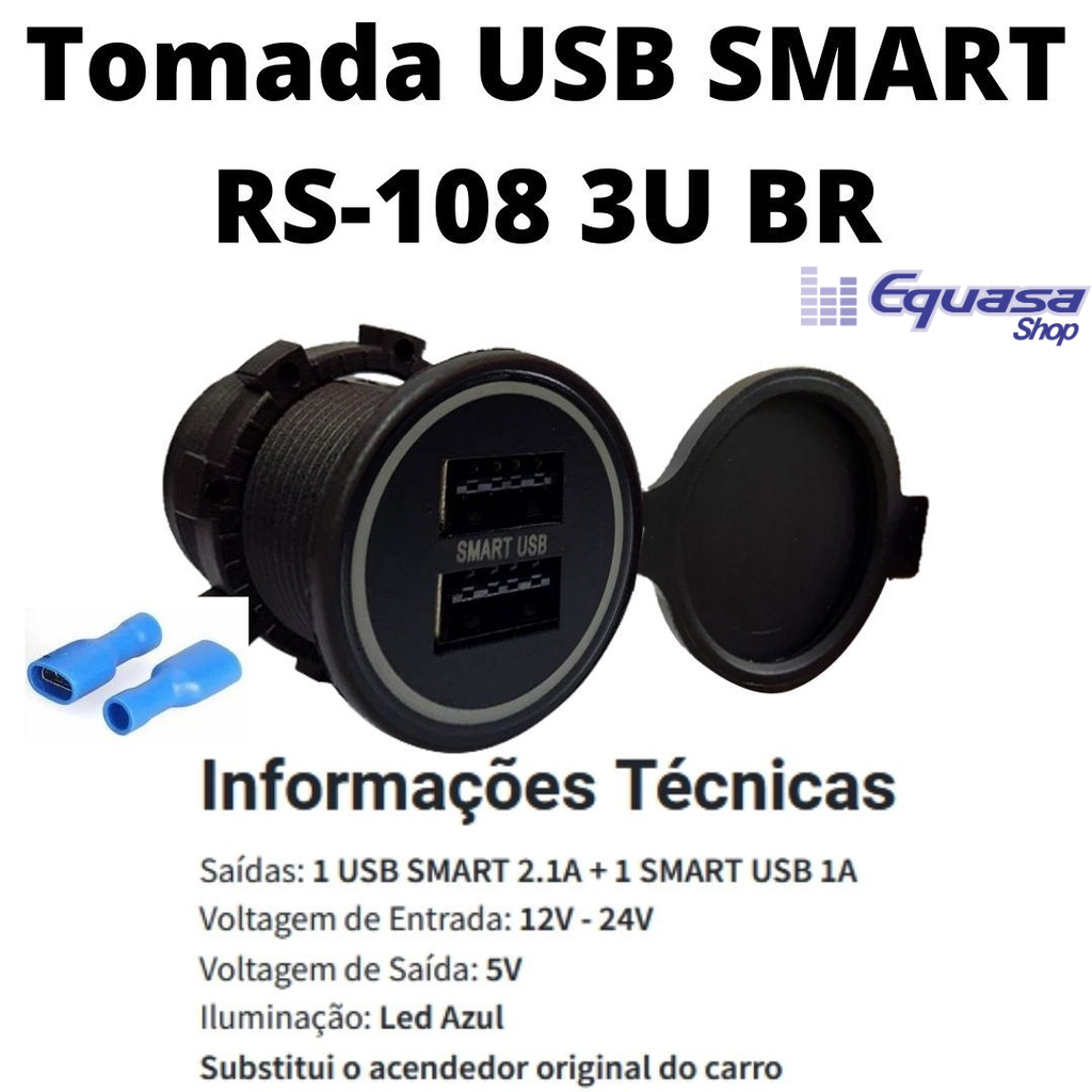 Tomada Usb Veicular Carregador Celular Tablet Gps Roadstar RS-108 3U BR Bivolt