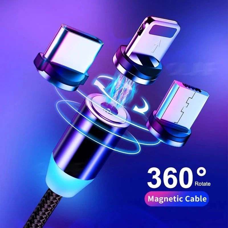 Cabo Magnético 3 em 1 Tipo C, Micro USB, iPhone e Android Carrega Rápido