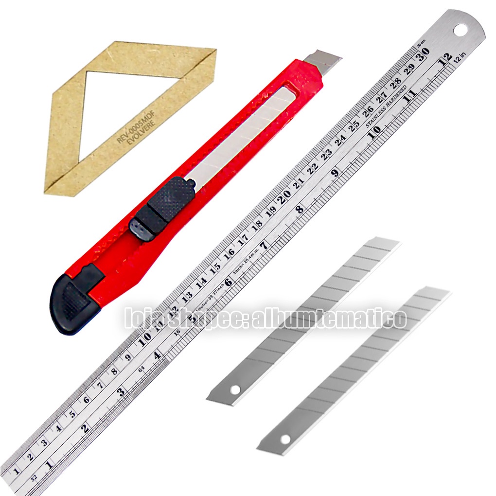 Kit Régua Aço 30 + Fio Cabelo Madeira + Estilete + 2 Laminas em Oferta na Shopee