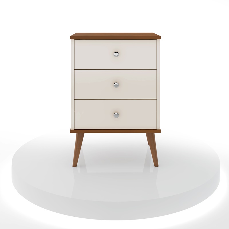 ENVIO FULL Mesa de Cabeceira Mix 3 gavetas com pés em madeira Off/ Freijó