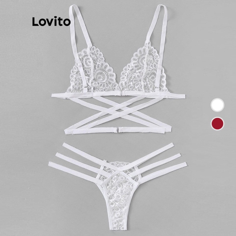 Foto de Conjunto de Lingerie Sutiã Sexy Com Renda e Slim Fit Sem Elasticidade L00003 nas cores Branco e Vinho