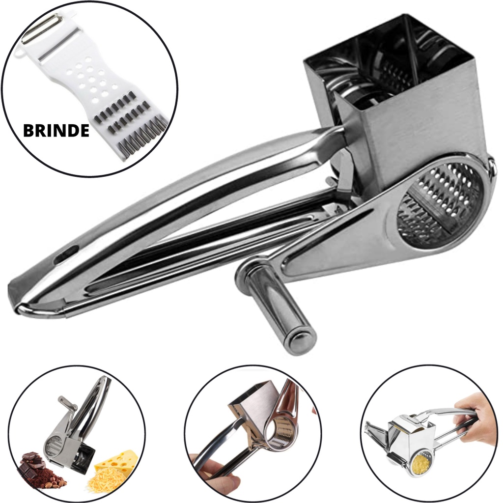 Ralador De Queijo Manual Com Manivela - Aço Inox + Ralador Descascador Fatiador Legumes Fruta
