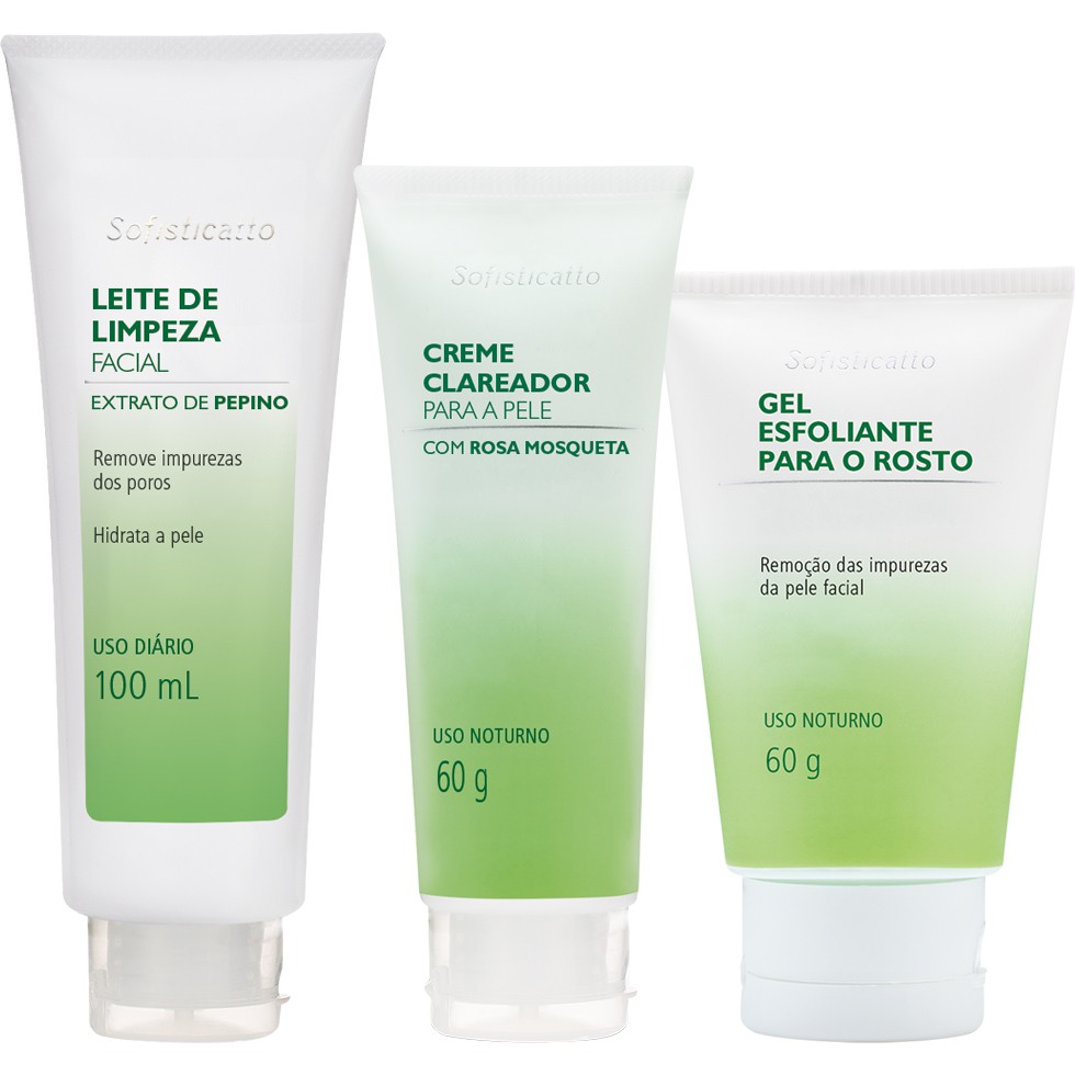 Kit Creme Clareador + Leite de Limpeza Pepino + Gel Esfoliante para o Rosto - Sofisticatto