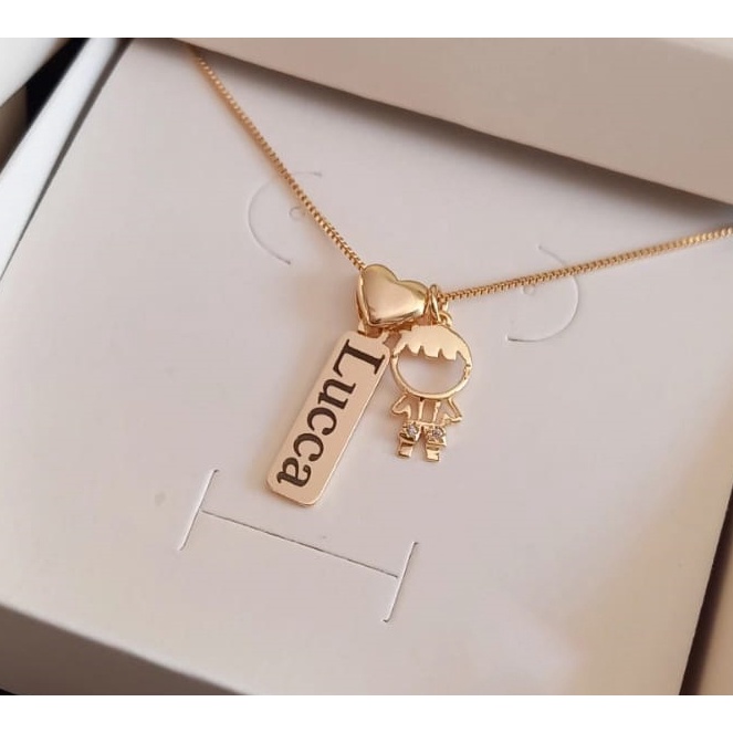 Colar Pingente Personalizado de Filho ou Filha ou Anjo Anjinho Nome Folheado Banhado Ouro 18K