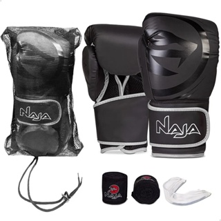 Kit  Completo Luva de Boxe Naja Black /Luva de Muay Thai Naja + Bandagem + Protetor Bucal  +  Bolsa em Oferta na Shopee