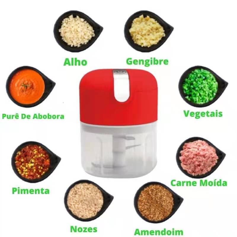 Processador Elétrico de Alimentos Portátil com 3 lâminas de aço inox USB 250 ml Bivolt