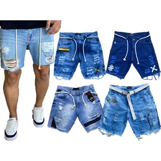 bermuda jeans destroyed com cordão azul claro