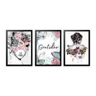 Quadro Mosaico 3 Peças Decorativo Gratidão/Modelo com Flores e Borboletas Coloridas Abstrato