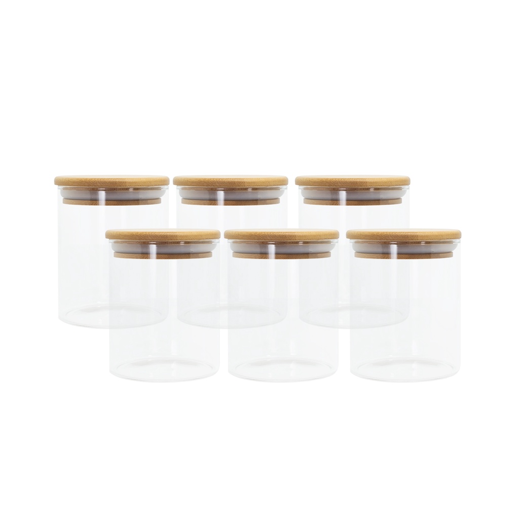 Conjunto de 6 Potes de Vidro Herméticos de 400 ml com Tampa de Bambu