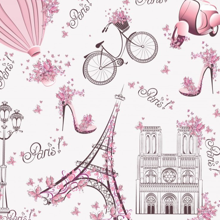 Papel de Parede Infantil Paris fundo rosa claro Lambretas e Flores Para Sala e Quarto 2 mts