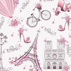 Papel de Parede Infantil Paris fundo rosa claro Lambretas e Flores Para Sala e Quarto 2 mts