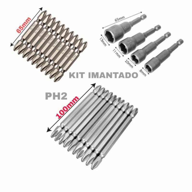 Kit P/ Parafusadeira Philips Ph2 65mm e 100mm Ponta Dupla Soquete 8 a 13mm  Imantadas Barato