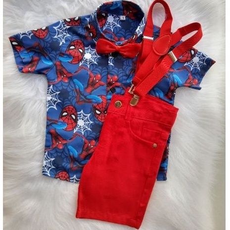 Conjunto temático homem aranha completo camisa short suspensório e gravata - roupa personagem menino festa