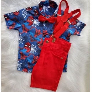 CONJUNTO TEMÁTICOS HOMEM ARANHA NOVO - HERÓIS COMPLETO CAMISA, SHORT, SUSPENSÓRIO+GRAVATA