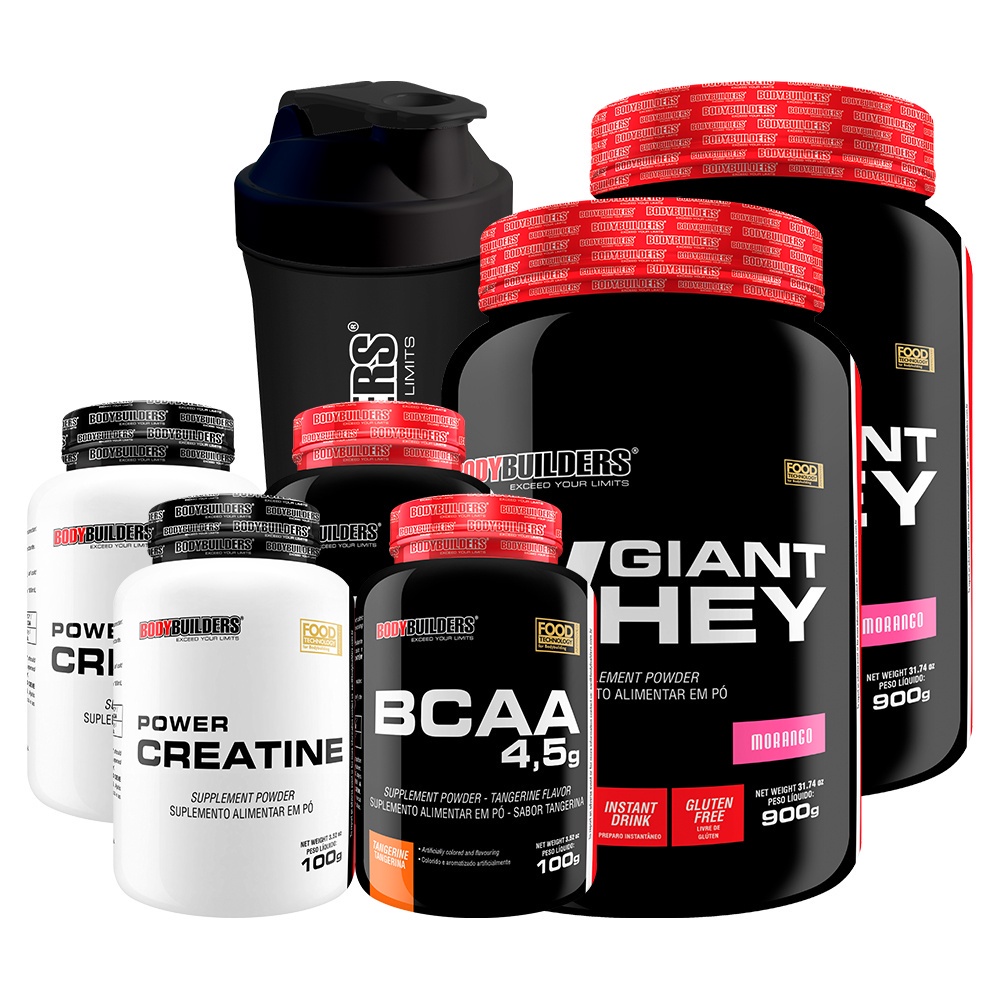 Kit 2x Suplemento Hipercalórico Giant Whey 900g, 2x Bcaa 100g, 2x Power Creatina 100g, Coqueteleira - Bodybuilders