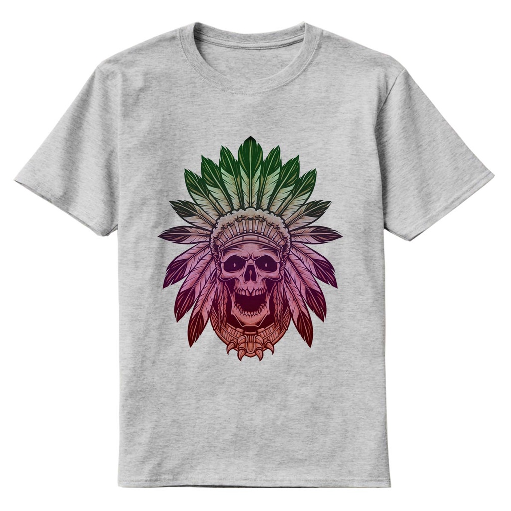 Camiseta Camisa Caveira Índio Moda Geek Índio Colorido Penas  Indígena