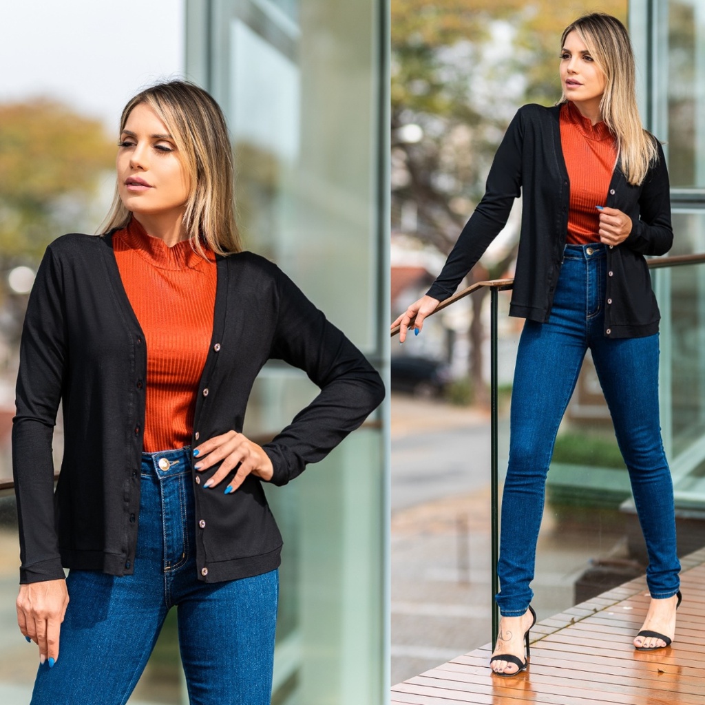 Casaco Casaquinho Cardigan Feminino Blusa Sueter Botões Dourados Abre e Fecha