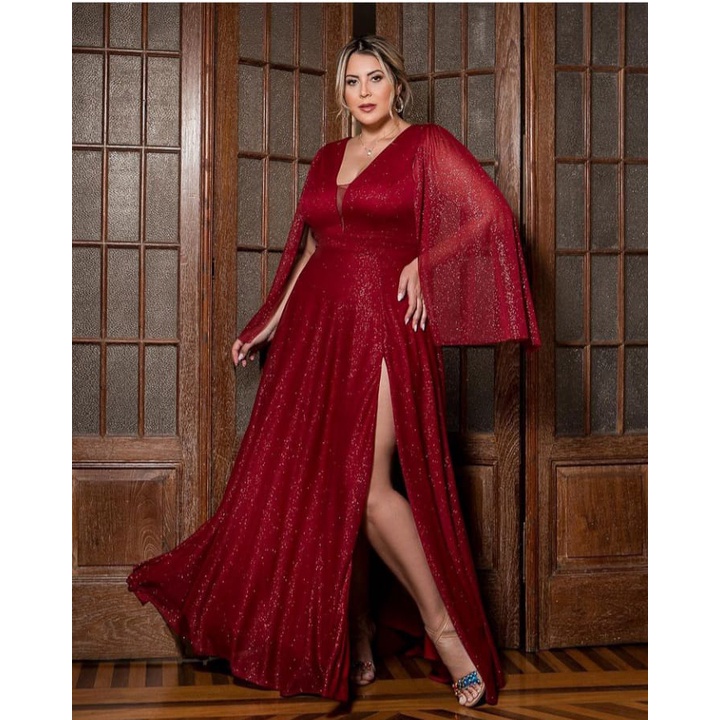 Vestido de Festa manga morcego tule com brilho Plus | Shopee Brasil