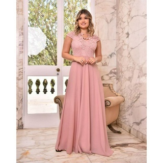 Vestido festa rose longo madrinha casamento manga japonesa
