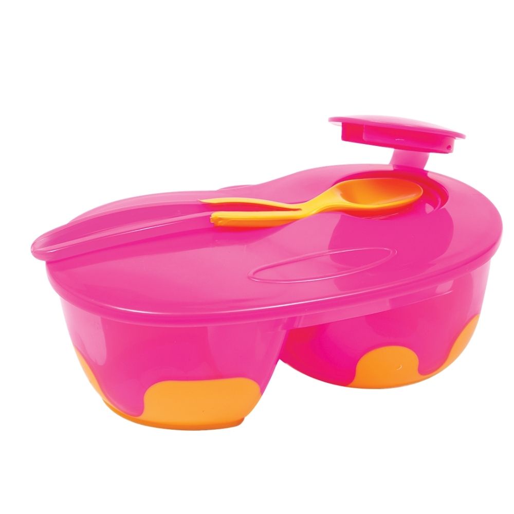 Kit Refeicao Infantil  320ml Bebe Com Divisoria e Colher Base Antideslizante Rosa Menina Buba 5805