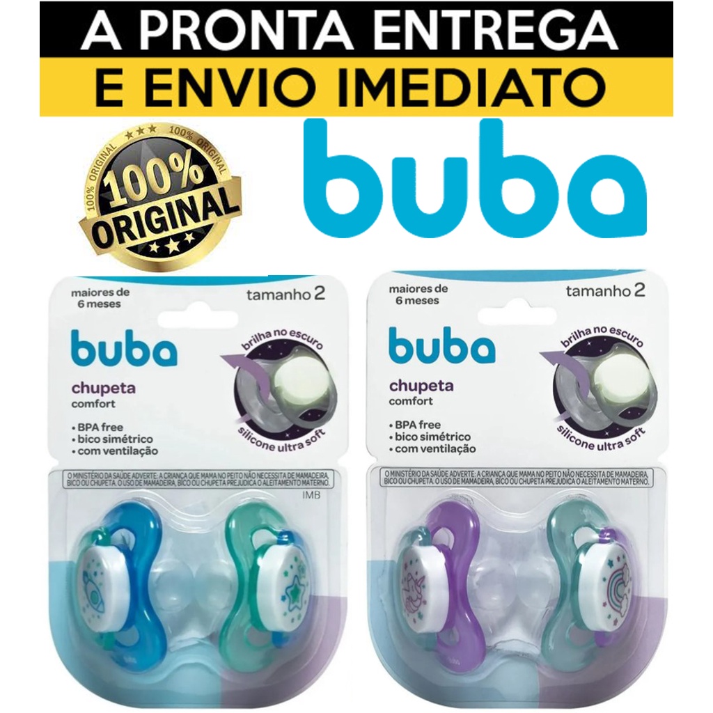 Kit duas chupeta Bico Silicone Brilha No Escuro Buba Menino e Menina ...
