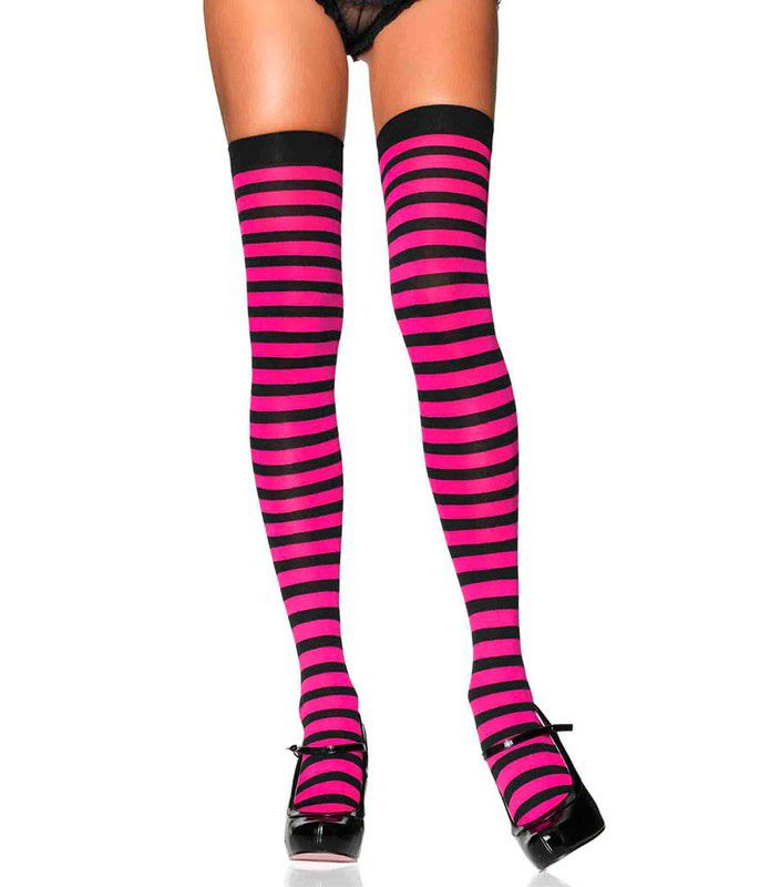 Meia Calça 7/8 Listrada Cosplay Preto e Rosa Acessorio Carnaval Halloween