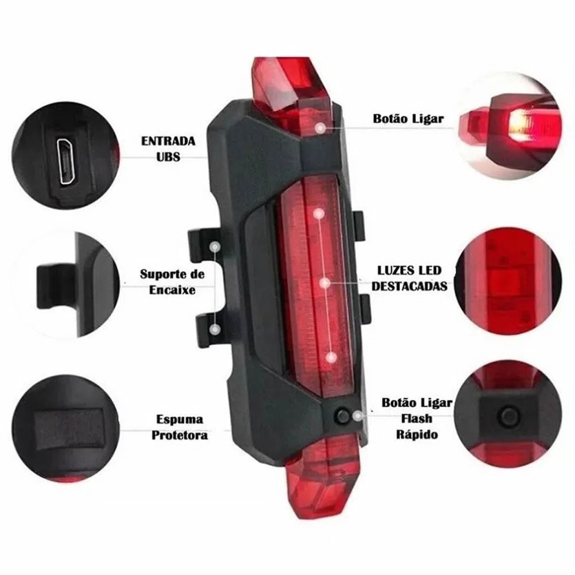 Lanterna Sinalizador Traseira Led Bike Recarregável Vermelho Segurança Luz Forte 4 Modos