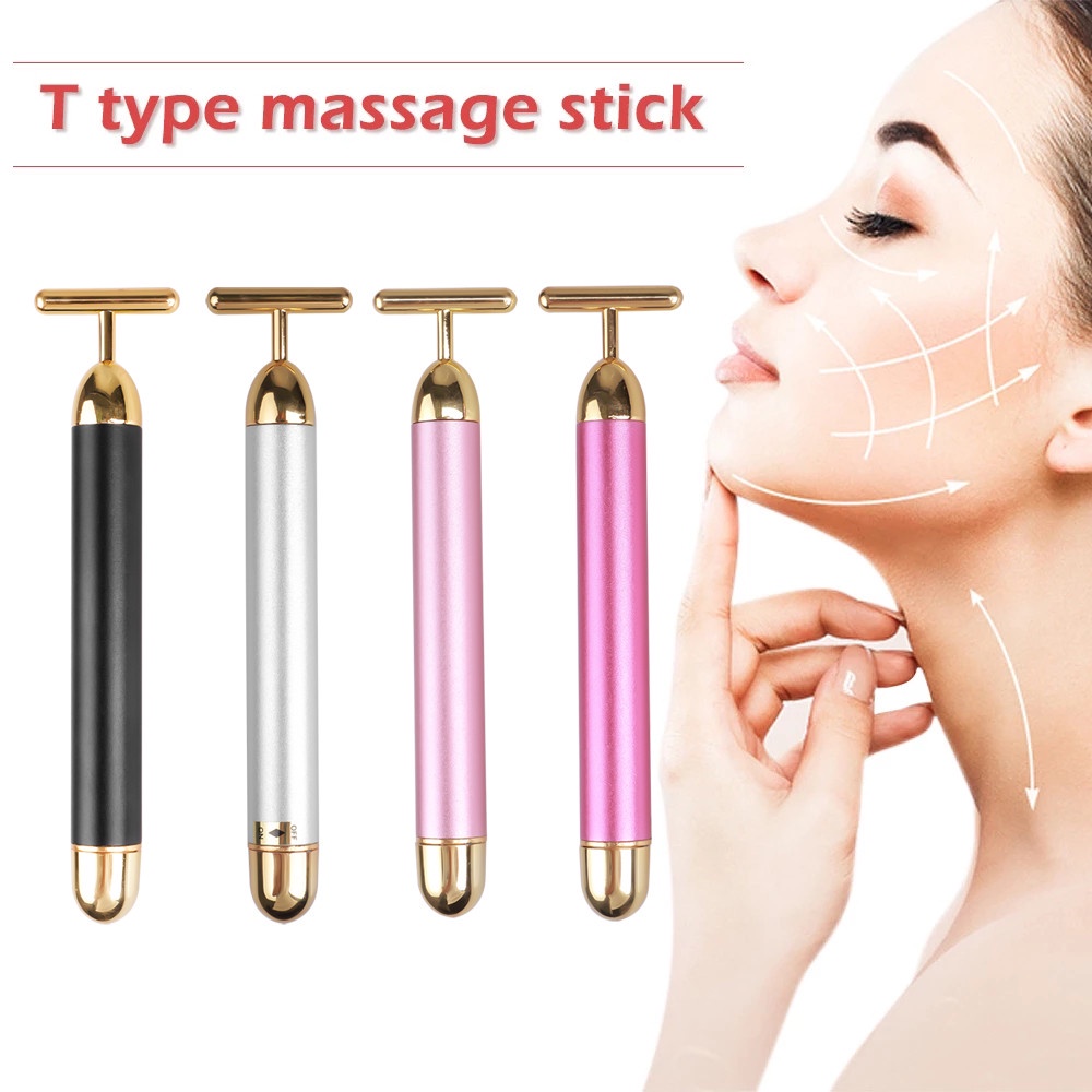 24K Ouro Rolo Barra De Elevação Facial Em Forma De T Ferramenta De Emagrecimento Massageador Vibratória Facial